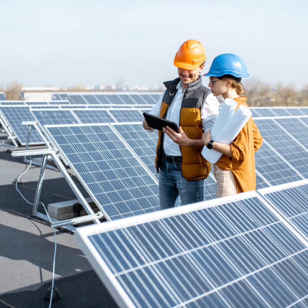 solar panel technicians on roof of commercial building